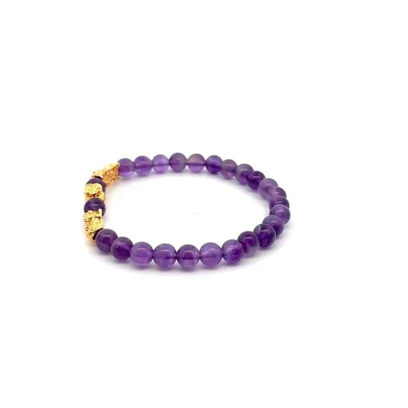 18K Gold Pixiu Piyao Money Bag Charm Bracelet Birthstones Gemstone Amethyst 6mm - Picture 4 of 4